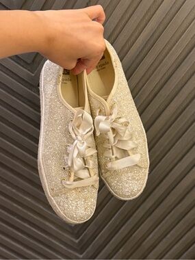 kate spade Glitter Satin Ribbon Sneakers in Ivory